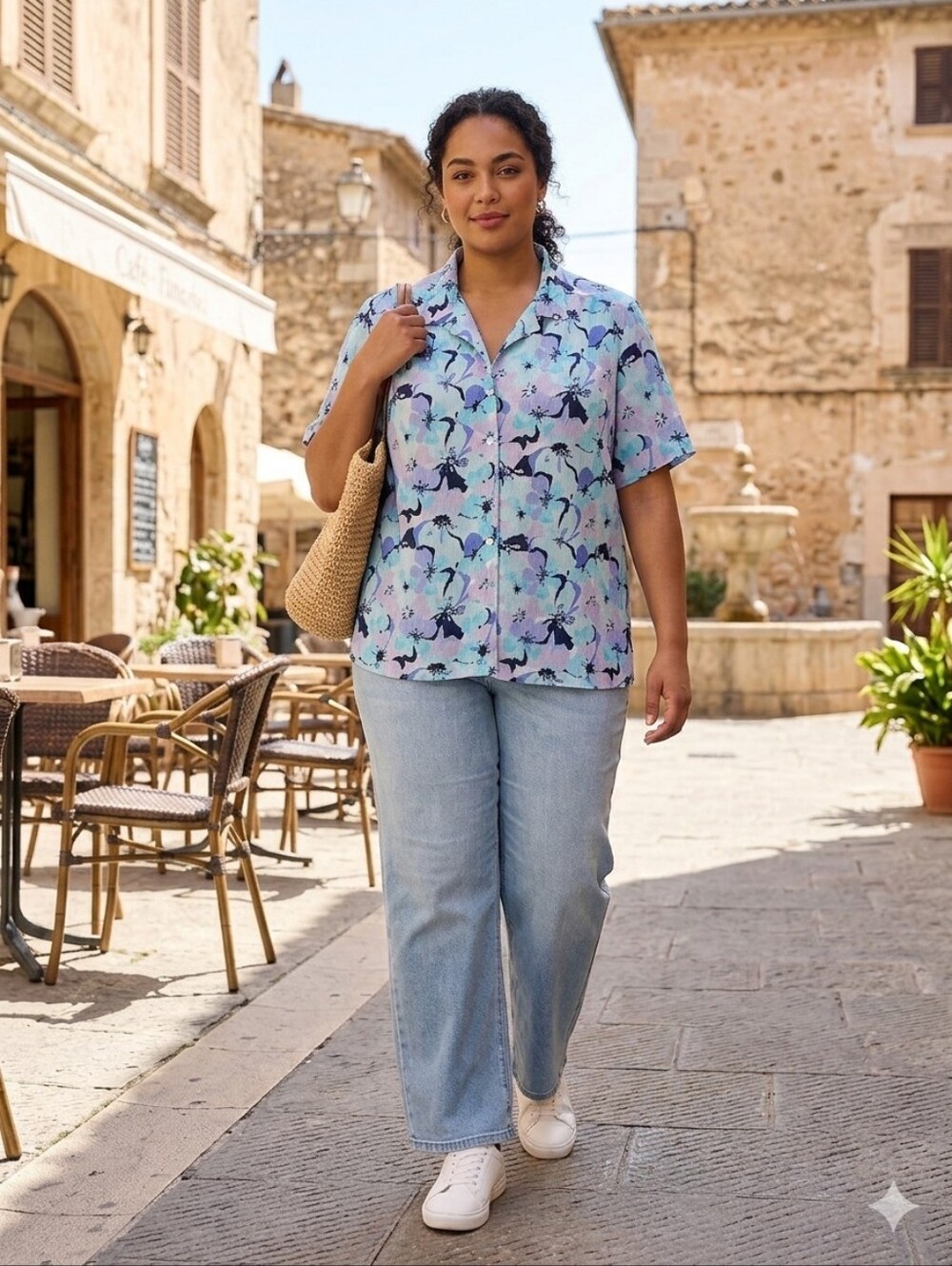 VT Donnkenny Woman Blue Purple Floral Short Sleeve Button Up Blouse Plus Size 2X